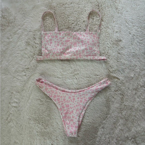 ZAFUL - Pink and White Leopard Print Ribbed Bikini Set - Picture 2 of 8